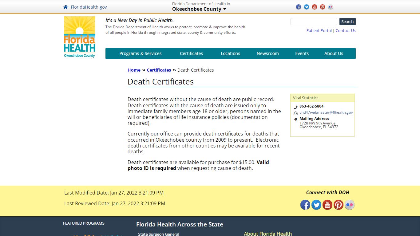 Death Certificates | Florida Department of Health in ...